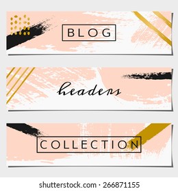 A set of three hand drawn brush strokes header designs. Pastel pink, black and golden color palette. Modern and elegant blog design elements.