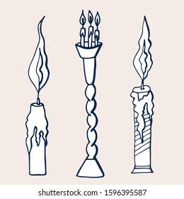 Set with three hand drawn candles for New Year and Xmas decoration. Isolated on white background. Doodle vector illustration.