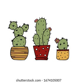 Set of three hand drawn colorful cacti in pots isolated on a white background. Doodle, simple outline illustration. It can be used for decoration of textile, paper.