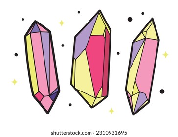 Set with three hand drawn colorful crystals with black outline, isolated vector illustration on white background