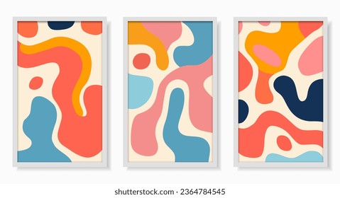 A set of three hand drawn colorful abstract artwork panels in different colors. Vector illustration