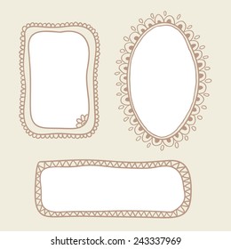 Set of three hand drawn doodle frames in vintage brown color.