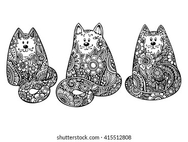 Set of three hand drawn doodle graphic black and white cats with floral ornament. Vector illustration for t-shirts design, tattoo, coloring book and other things