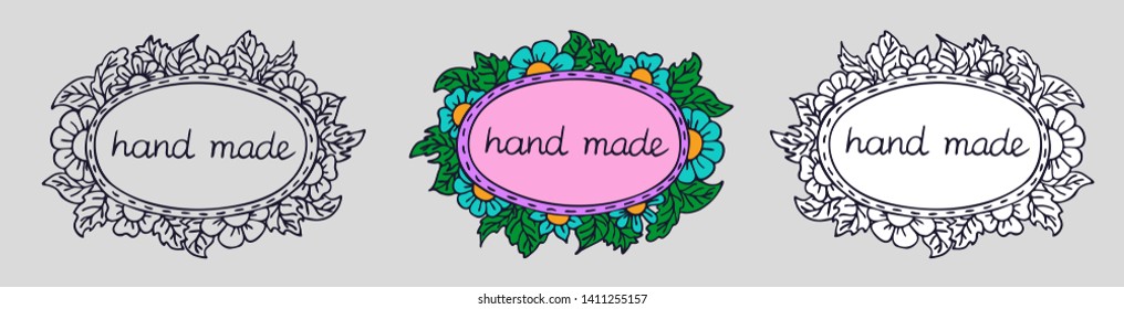 Set of three hand drawn floral frames with flowers, berries and leaves in doodle style. Different colored (contour only, color and white fill) isolated copy space vector illustration