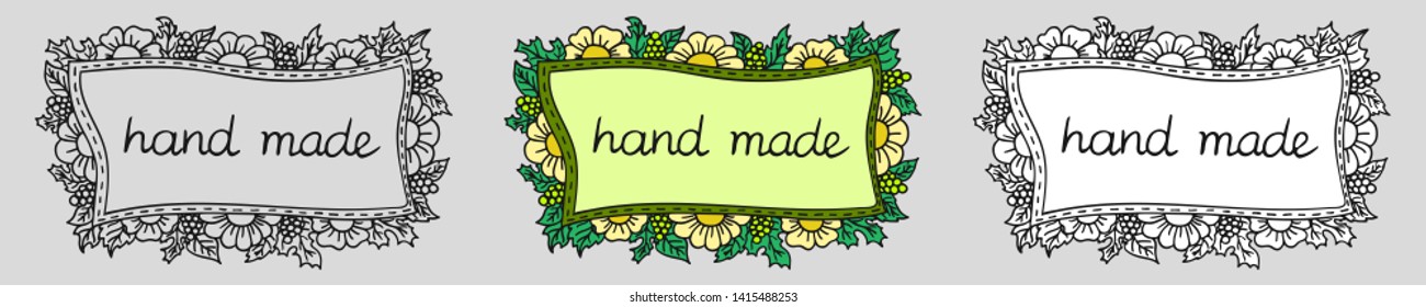 Set of three hand drawn floral frames with flowers, berries and leaves in doodle style. Different colored (contour only, color and white fill) isolated copy space vector illustration