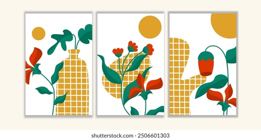 Conjunto de tres arte de pared de flores dibujadas a mano. colección de impresión de pared botánica, conjunto de póster de Vector.