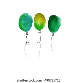 set of three hand drawn green balloons with watercolor texture isolated on white background. vector illustration
