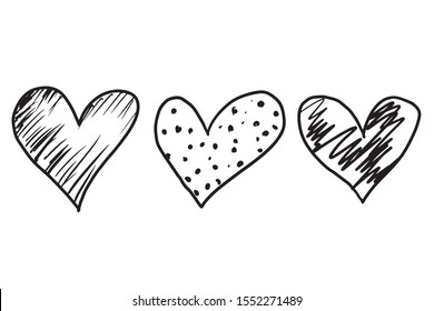 Set of three hand drawn heart. Vector illustration for your graphic design 