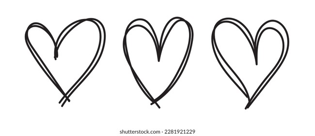 Set of three hand drawn heart signs. Hand drawn heart vector illustration isolated on white background