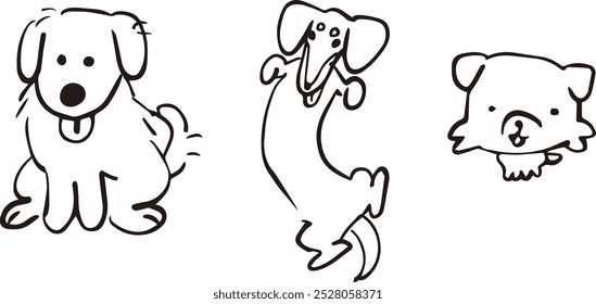 Set of three hand drawn illustrations of cute dogs in black and white. Featuring playful cartoon-style puppies in simple vector line art, including a sitting dog, a playful dachshund, and a puppy head