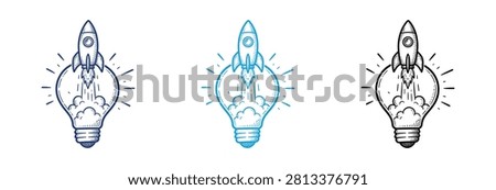 A set of three hand drawn illustrations showing a space rocket taking off from inside a glowing lightbulb representing innovation and new ideas