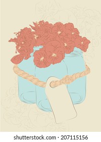 Set of three hand drawn mason jars tied together with flowers