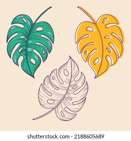 Juego de tres hojas de monstera dibujadas a mano, ilustración vectorial para tarjetas, invitación de boda y tarjetas de cumpleaños