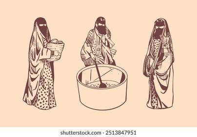 Um conjunto de três mulheres sauditas idosas desenhadas à mão fazendo tarefas diárias para o Dia da Fundação e Dia Nacional - Cozinhar a Mulher com roupas tradicionais antigas sauditas 