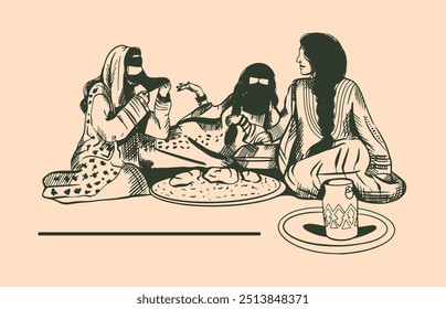 A set of three hand drawn Old Saudi women having dinner for Founding Day and National Day - Women in Old Traditional Saudi Clothing