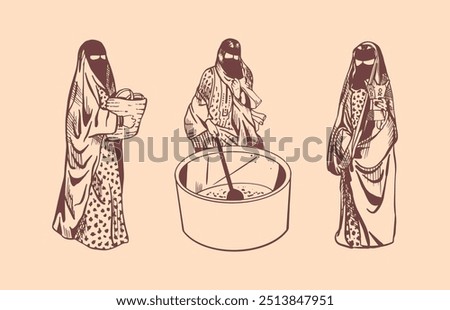 A set of three hand drawn Old Saudi women doing day chores for Founding Day and National Day - Cooking Woman in Old Traditional Saudi Clothing 