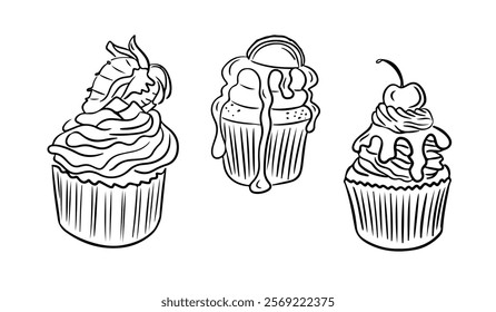 Set of three hand drawn outline cupcakes with decorative toppings including strawberries, cherries, and dripping icing in a doodle style. Vector hand drawn illustrations isolated on white background