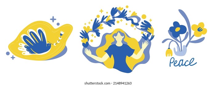 Set of three hand drawn  patriotic modern vector illustration. Stand with Ukraine. Stop war. Blue and yellow flag colors. Girl with flowers, dove of peace Ukrainian poster. Pray for Ukraine.  