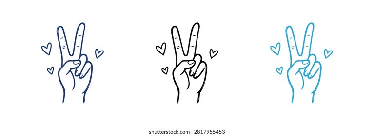 A set of three hand drawn peace sign gestures featuring two fingers raised with small hearts around the hands in black and blue line art styles