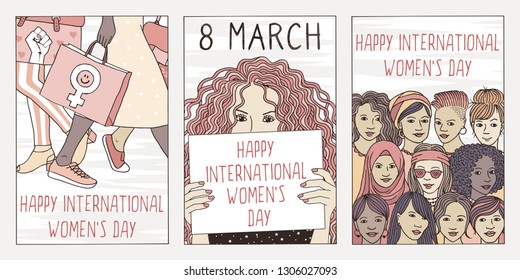 Set of three hand drawn posters or postcards for international women's day, showing portraits of diverse women
Set of three hand drawn posters or postcards for international women's day, showing portraits of diverse women