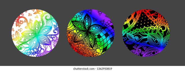 Set of three hand drawn rainbow colored round backgrounds with flowers. Vector illustration in doodle style
