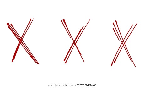 Set of Three Hand Drawn Red Brush Stroke X Marks Vector