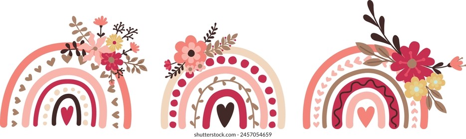 Set of three hand drawn Scandinavian boho rainbows with flowers. Vector doodle illustration in pink and brown colors