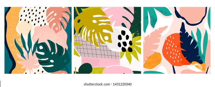 Set of three hand drawn seamless patterns. Tropical jungle leaves and various shapes. Abstract contemporary seamless patterns. Modern patchwork illustrations in vector. Every pattern is isolated