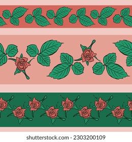 Conjunto de tres bordes sin fisuras dibujados a mano con rosas y hojas Vector plano ilustración de color natural calmado. Ideal para la decoración, envasado de alimentos, papel, raspado, papel pintado, fondo