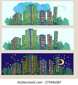 Set of three hand drawn silhouettes of city. Daylight and night. Cloudy weather. Vector illustration.