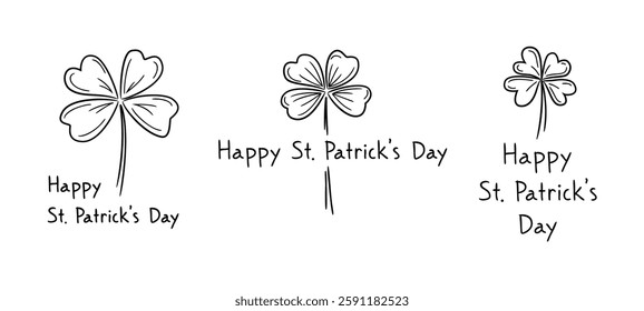 Set of three hand drawn traditional logo of St Patrick's Day, with shamrock and hand lettering sign Happy St Patrick’s Day. Irish culture, festive joy. Four-leaf clover.