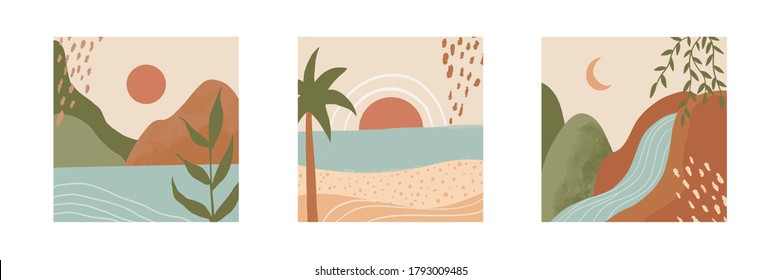 Set of three hand drawn trendy vector illustrations. Mountain, hill, sea, beach, river, waterfall, palm tree, sun, plants, moon. Scandinavian style illustration. For background, home decoration, etc