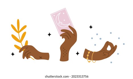 Set with three hand drawn vector human hands, esoteric, magic and tarot