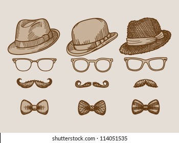 Set of three hand drawn vintage silhouettes of bowler, fedoras, mustaches, eyeglasses and a bow ties - vector illustration.