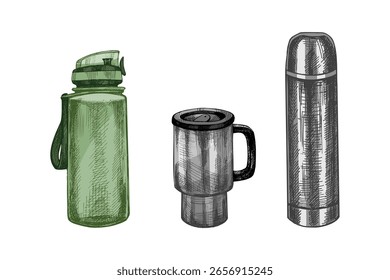 Conjunto de tres artículos de bebida vintage dibujados a mano para deportes, camping y viajes: termo, taza y botella en color. Ilustración vectorial aislada sobre fondo blanco.