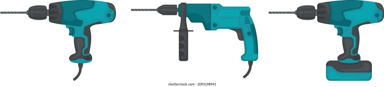 A set of three hand drills. Manual drilling power tools. Cordless and mains drills screwdrivers. Construction tool, vector illustration isolated on a white background