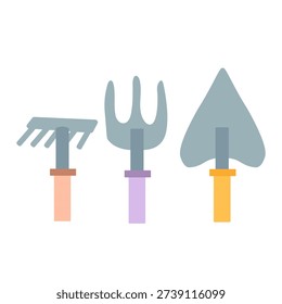 Set of three hand gardening tools including a mini rake, a hand fork, and a small trowel shovel. Vector cartoon icons with grey metallic tops and colorful handles isolated on a white background.