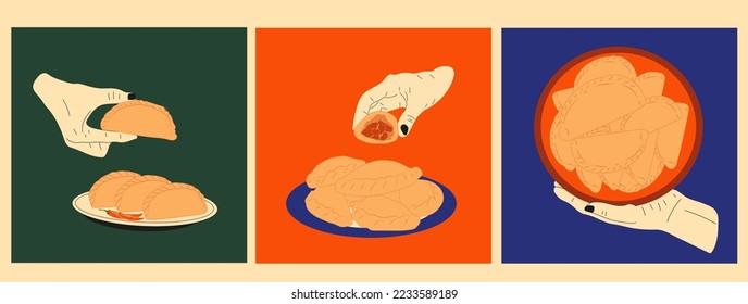 Set of three Hand holds empanada. Latin American food empanadas in plate. Vector in cartoon style. 