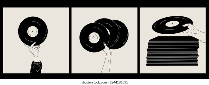 Set of three Hand holds an old vinyl record in her hands .Retro fashion style from 80s. Vector illustrations in black and white colors