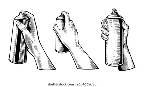 Set of three hand positions holding spray cans in sketch style, ideal for graffiti concepts, street art design, mural tools, or urban illustration assets.