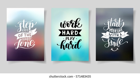 set of three hand written lettering positive inspirational quote posters about life A4 format, modern calligraphy vector illustration collection