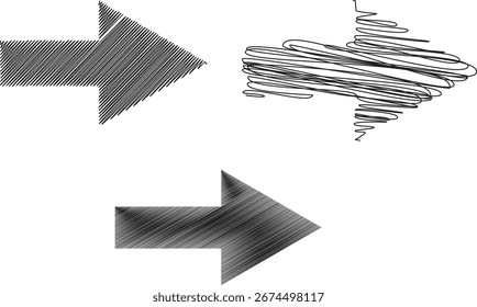 Conjunto de três setas desenhadas à mão com texturas rabiscadas e de eclosão. Coleção de ponteiros doodle esboço preto e branco isolados em um fundo branco