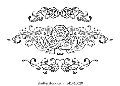 Set of three hand-drawn calligraphic floral design elements and page decoration. Vector illustration with roses.