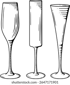 Conjunto de três óculos de champanhe desenhados à mão - ilustração de arte de linha preta e branca
