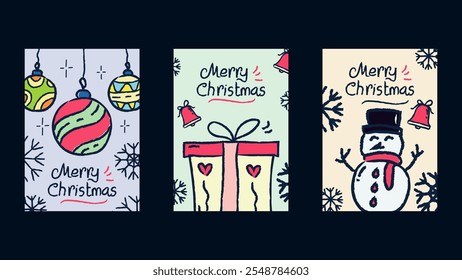 Set of three hand-drawn Christmas greeting card designs featuring colorful ornaments, a gift box, and a snowman with festive elements. Perfect for holiday decorations and seasonal greetings.