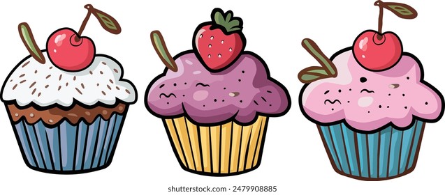 Un conjunto de tres cupcakes dibujados a mano aislados