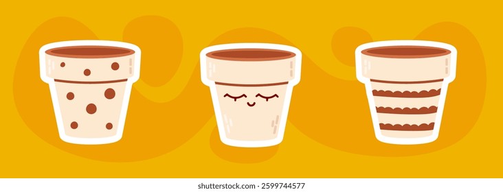 A set of three hand-drawn decorative clay pots with unique patterns, displayed on a warm yellow background. Ideal for gardening themes, ceramics, and pottery-related designs.