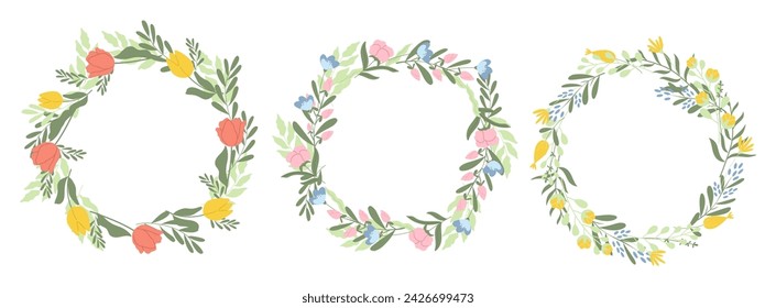 Set of three handdrawn floral wreath in pastel colors. Vector design.