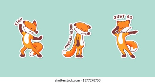 Set of three hand-drawn foxes. Colorful patch badges with animals' emotions. Sticker pack with captions: kiai, forever alone, just go. Karate fox, sad character and banishing someone animal. 