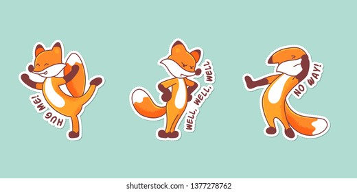 Set of three hand-drawn foxes. Colorful patch badges. Sticker pack with captions: hug me, well-well, no way. Standing on one leg fox, animal with arms akimbo and turned away character. 